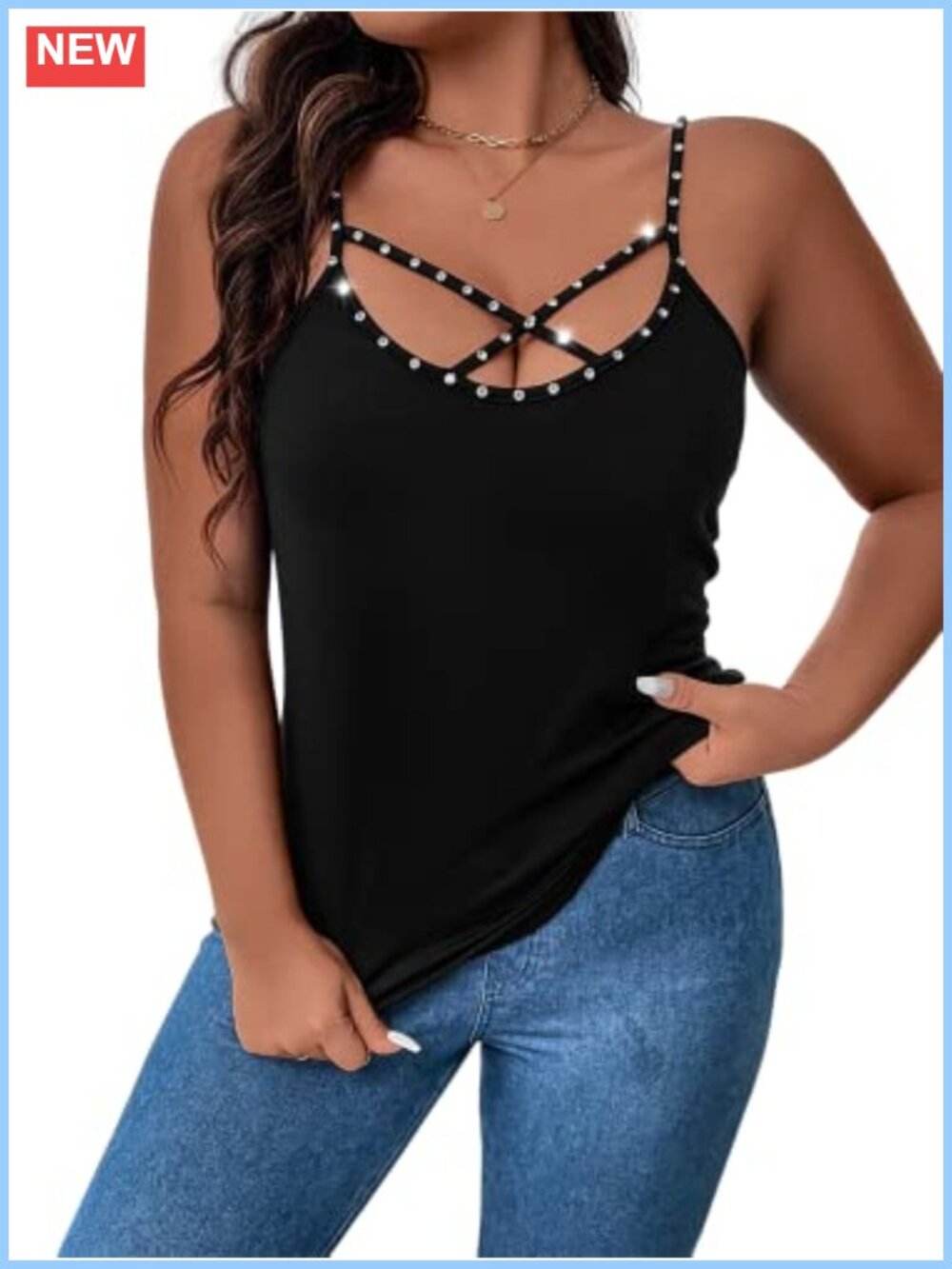 Plus Size Rhinestone Crisscross Spaghetti Strap Cami Top